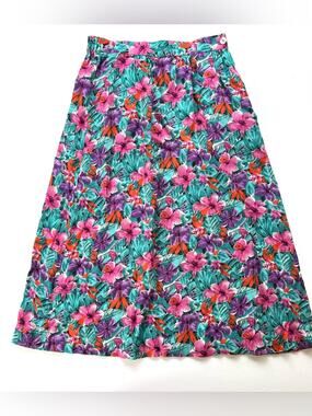 Vintage 90s Long Floral Print Skirt Medium Soft Rayon Flowy Pockets Colorful Sz8